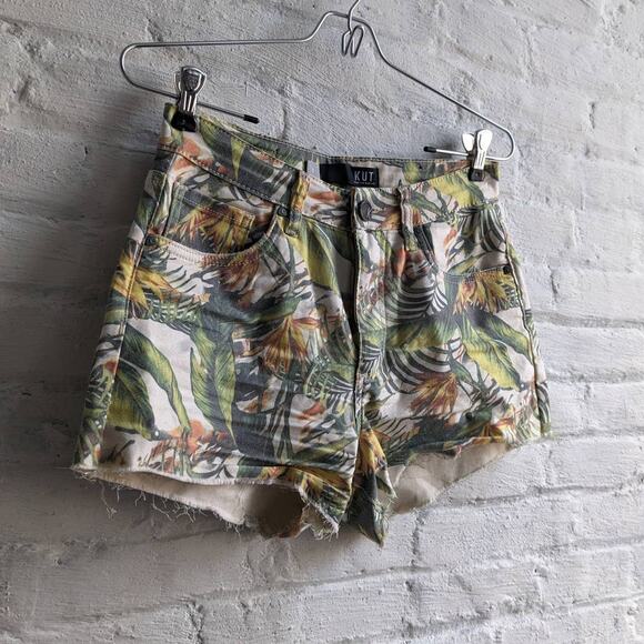 Distressed Denim Grunge Shorts High Rise Tropical Jungle Print Raw Hem Cut Offs - Picture 5 of 7